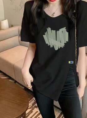 95纯棉黑色2024夏季短袖T恤女宽松中长款大码开叉v领百搭上衣潮