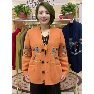 2024春秋新款针织开衫女年轻妈妈v领小披肩提花小鹿毛衣外套上衣