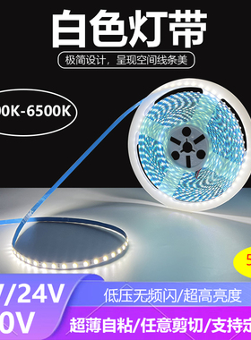 12V24V白色LED白光灯带日光白灯条12伏24伏6500K超薄贴片220V