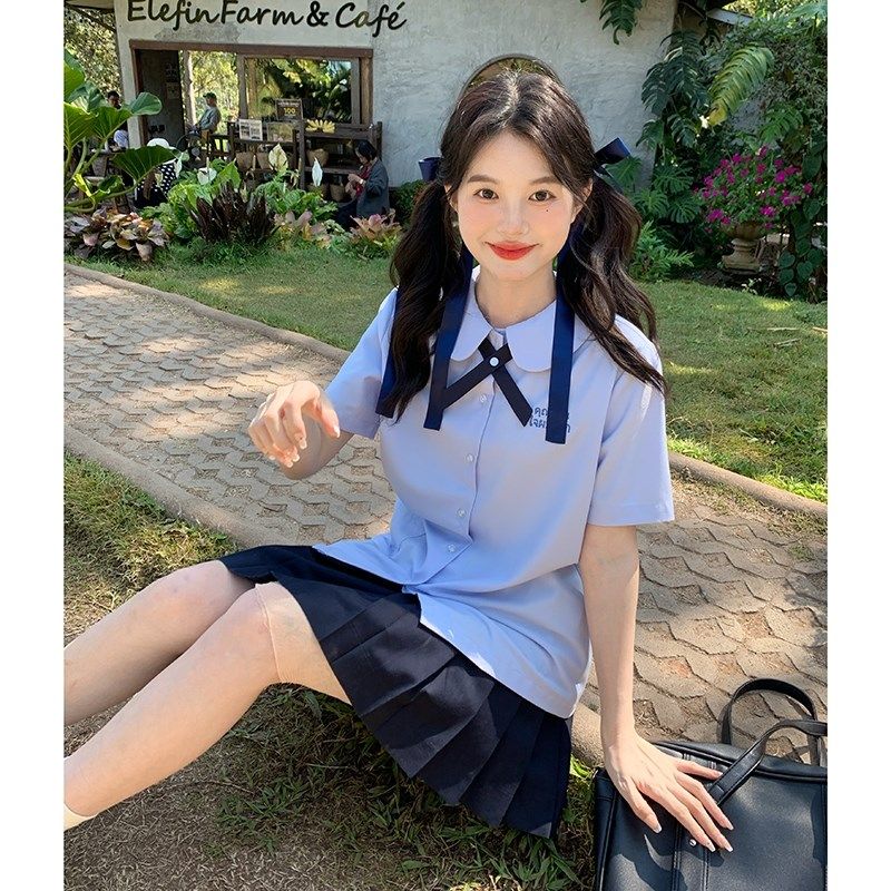 东京岁时记jk泰式校服制服衬衫女生夏季短袖衬衫女上衣短裙套装蓝