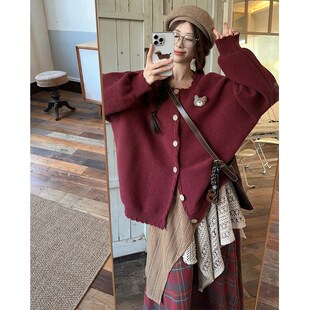 大码女装2024秋冬花边设计感宽松开衫毛衣外套+拼接半身裙两件套