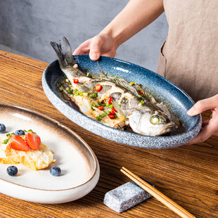 鱼盘陶瓷蒸鱼盘创意装鱼盘子家用剁椒鱼头专用盘子新款大号鱼盘子