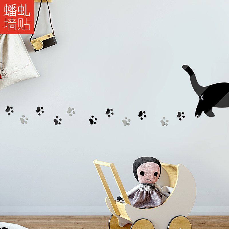 亚克力卡通猫咪背影脚印墙贴画儿童房床头幼儿园创意装饰立体墙贴图片