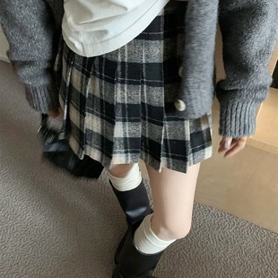 大码毛呢复古红色格子百褶裙女秋冬小个子高腰显瘦A字短裙半身裙