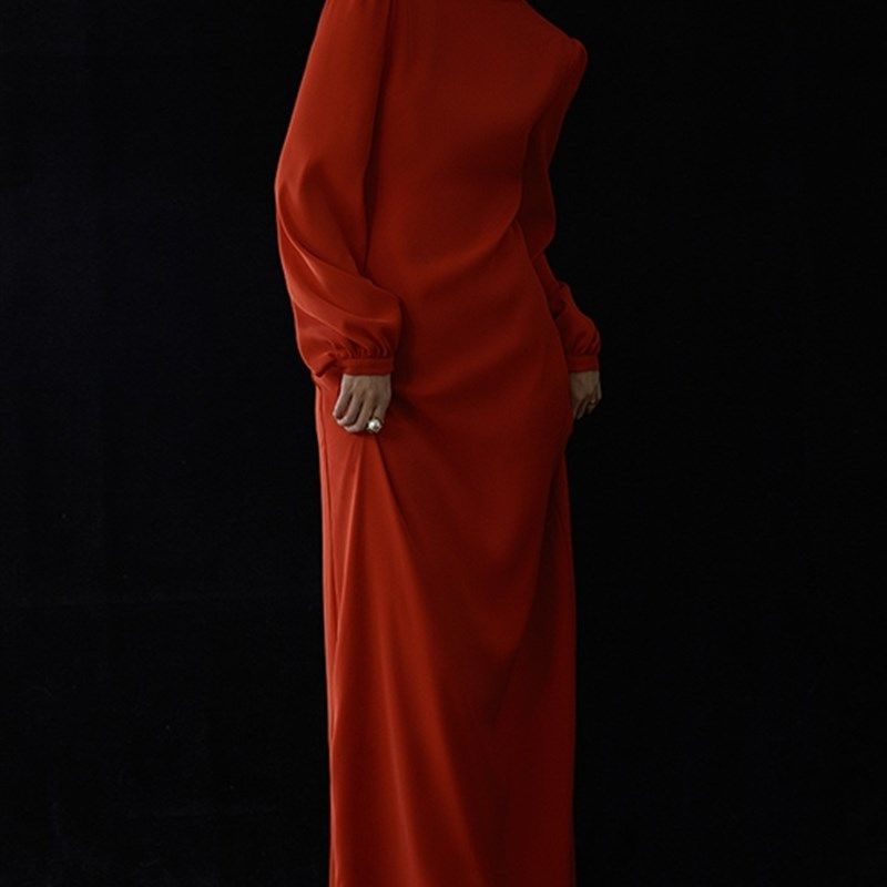 红色敬酒服新娘结婚缎面长袖宴会年会主持显瘦晚礼服裙女平时可穿