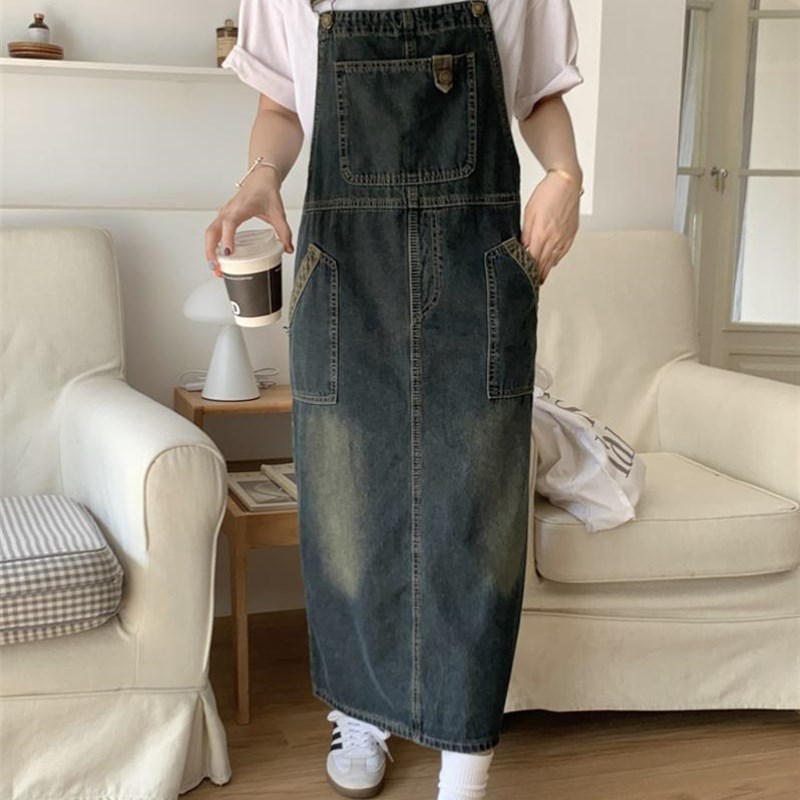 复古牛仔背带裙女夏季2024新款显瘦减龄宽松大码百搭吊带连衣裙子