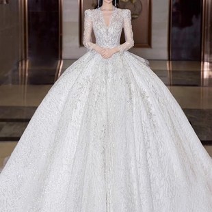 白色拖尾奢华09 新娘出门重工长袖 法式 深V领主婚纱礼服2024新款