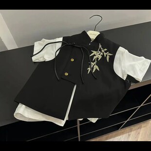 男童短袖衬衫马甲短裤三件套国潮风中国风2024夏儿童主持花童礼服