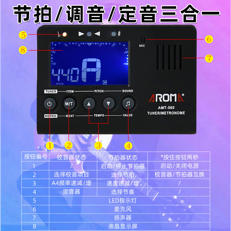 民谣吉他节拍器调音器三合一电子校音器小提琴贝斯尤克里里通用