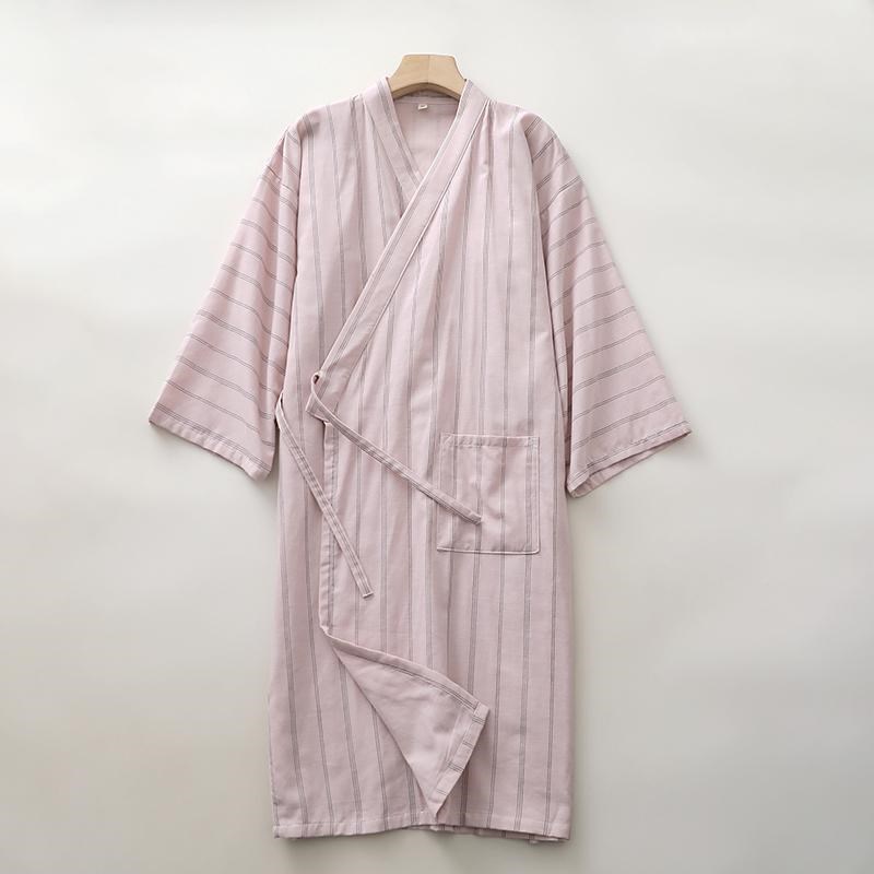 国风汉服睡袍男女纯棉纱文艺条纹七分袖家居浴袍四季薄款情侣晨袍