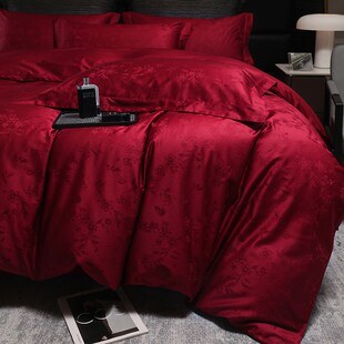 轻奢风婚庆四件套100S长绒棉提花被套酒红色纯棉床单结婚床上用品