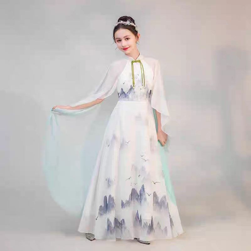 儿童礼服高端女童弹古筝演出服中国风主持人民乐演奏艺考礼服红色