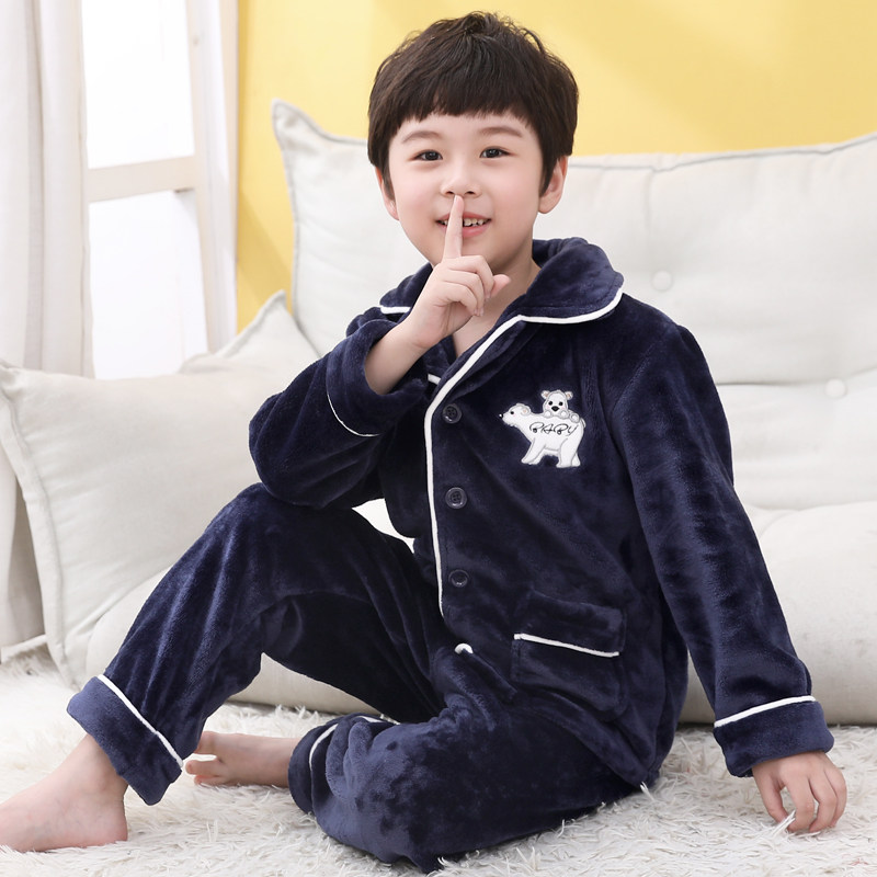 法兰绒儿童睡衣秋冬季加厚款男童女童珊瑚绒套装中大童开衫家居服