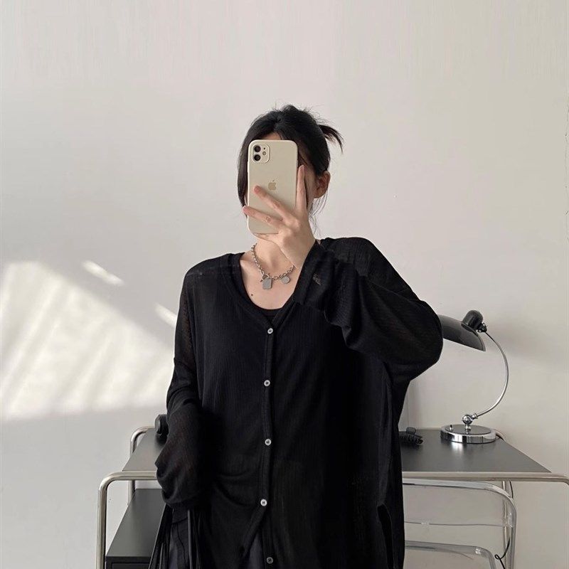 复古针织防晒开衫中长款外套女装长袖春夏季外搭薄款宽松披肩上衣