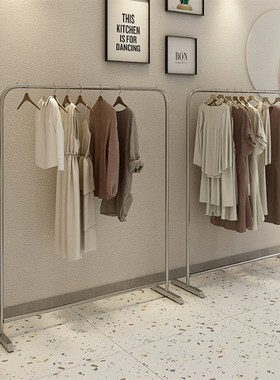 不锈钢服装店展示架落地上墙陈列专用女装挂衣架单杠货架移动轮