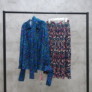 MONA套装女秋冬洋气碎花开叉雪纺百褶半身裙气质上衣衬衫两件套