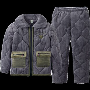 噜噜牛男童睡衣冬季珊瑚绒三层夹棉加厚男孩秋冬法兰绒儿童家居服