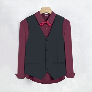 黑色马甲酒红衬衫两件套装男新郎结婚订婚礼服背心西服马夹男衬衣