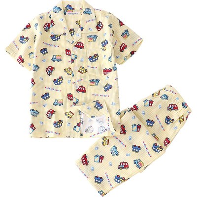 春夏男童宝宝薄款纱布双层棉纱短袖长裤中大童儿童睡衣家居服套装