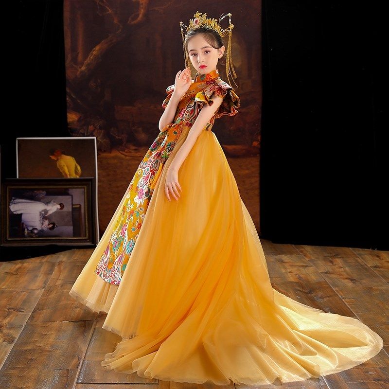 女童夏国潮礼服高端走秀2024新款儿童拖尾公主裙中国风小主持人秋