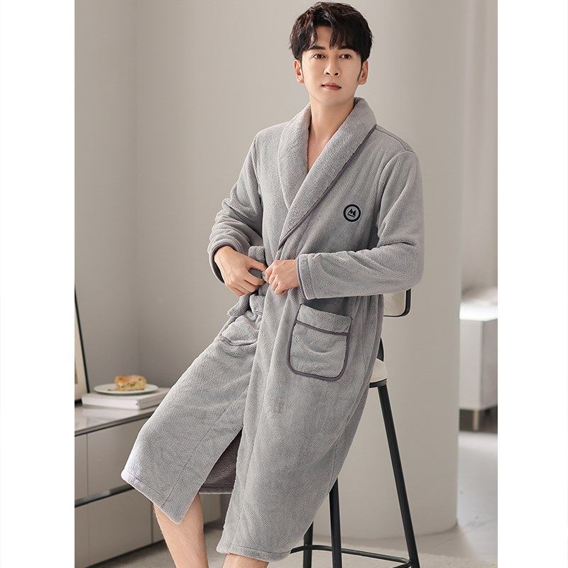 睡袍男士睡衣冬季珊瑚绒加厚加绒男款秋冬款法兰绒长款浴袍家居服