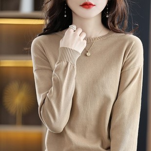 线衫 女圆领落肩套头百搭毛衣全棉线上衣新款 针织打底衫 纯棉线长袖