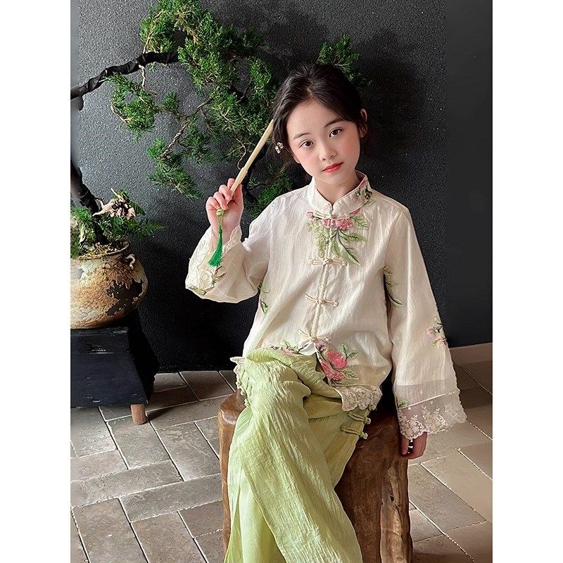 女童汉服2024秋季新款儿童中国风衬衫上衣长裤两件套宝宝古风套装