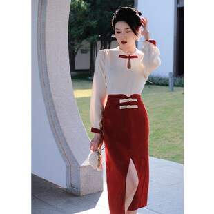 鹿与玫瑰新中式国风套装复古改良旗袍衬衫上衣气质长袖红色连衣裙