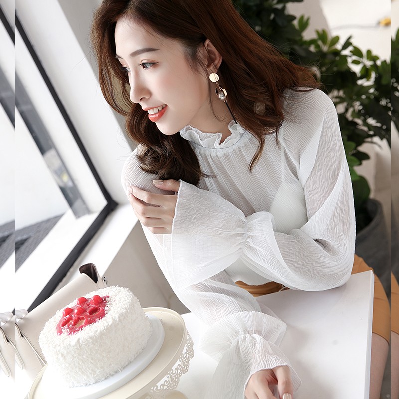 雪纺上衣女长袖透明喇叭袖木耳边网纱打底衫双层荷叶领蕾丝内搭女