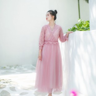 新品 2023夏季 区 复古汉服V领改良蕾丝长裙网纱连衣裙女 99元