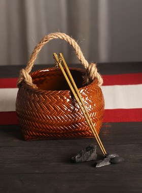 陶瓷仿竹炭钵手提炭篮子核桃炭篮提梁功夫橄榄碳乌榄碳炉木炭碳盆