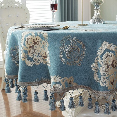 园桌西餐桌台布布艺长方形浅蓝色桌布圆形家用桌子台布椭圆形台布