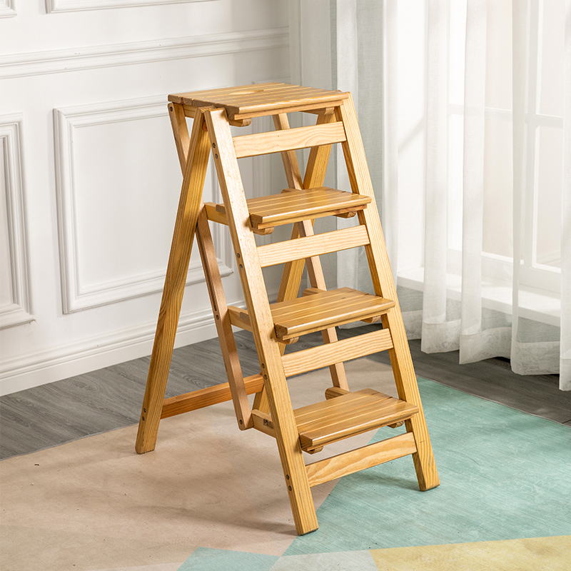 实木椅子梯网红款登高踏板家用多功能折叠梯凳楠竹子白色四步梯子