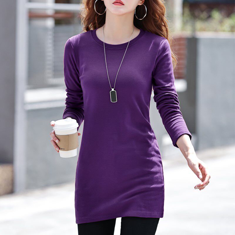 长袖中长款打底衫女秋冬2024新款t恤百搭卫衣修身遮屁股内搭上衣