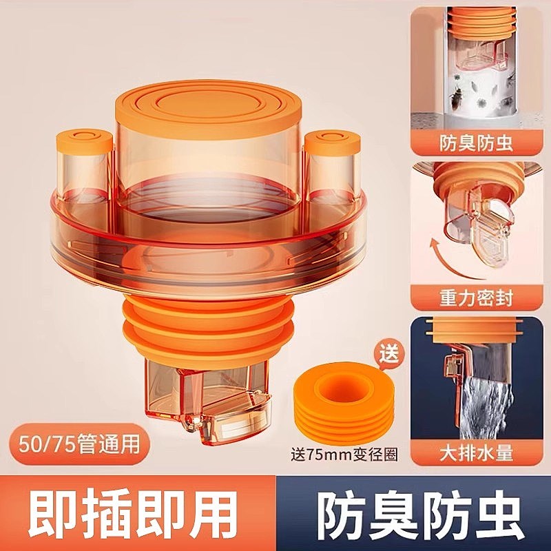 厨房洗菜盆排水下水道封口盖洗衣机75排水管密封圈防返臭神器三通