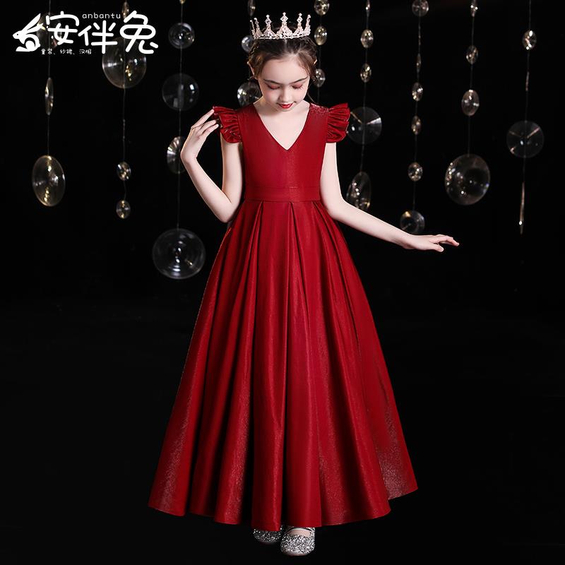 儿童晚礼服花童公主裙高端女童主持人红色合唱指挥钢琴演奏演出服图片
