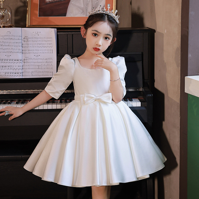 白色花童小女孩婚礼儿童主持人公主裙女童钢琴演奏礼服高端生日女