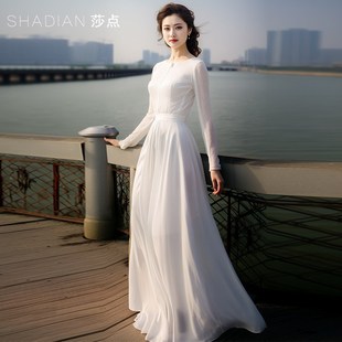 2024夏季新款长袖连衣裙白色过膝到脚踝长裙旅游度假海边沙滩裙