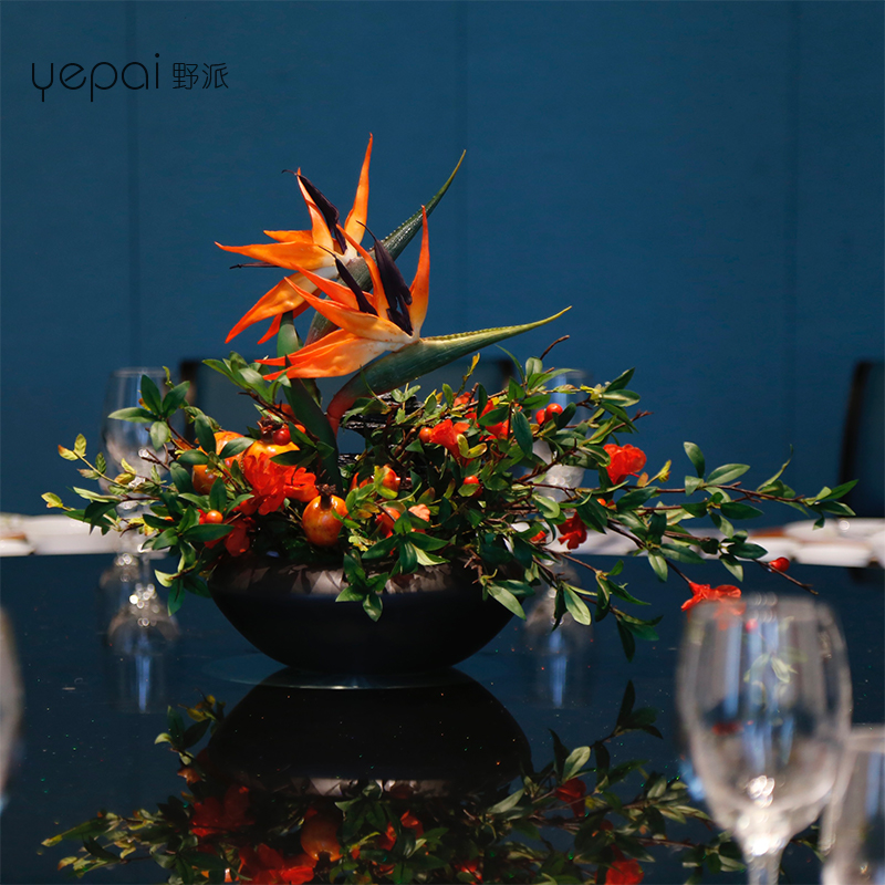酒店圆桌转盘餐桌花摆花新中式高端餐厅客厅假花摆设装饰花艺摆件