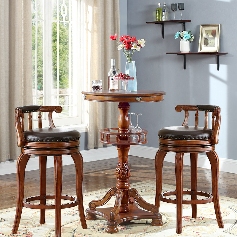 美式吧台椅实木酒吧椅凳子吧台桌家用欧式吧凳靠背吧椅旋转高脚凳