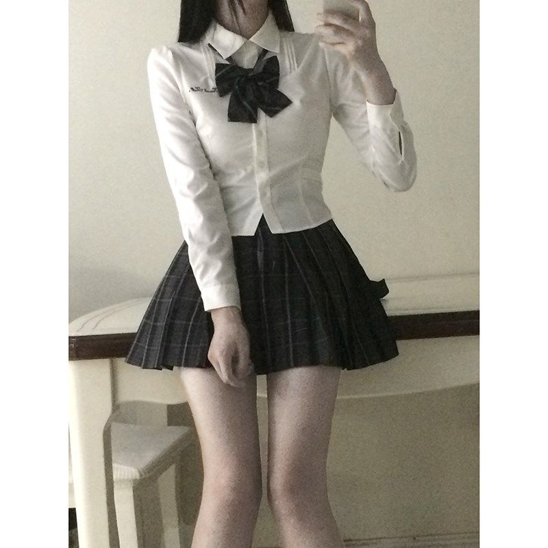 秋季女学院风收腰衬衫吉尔小姐长袖素描板裙子两件套东京岁时记jk