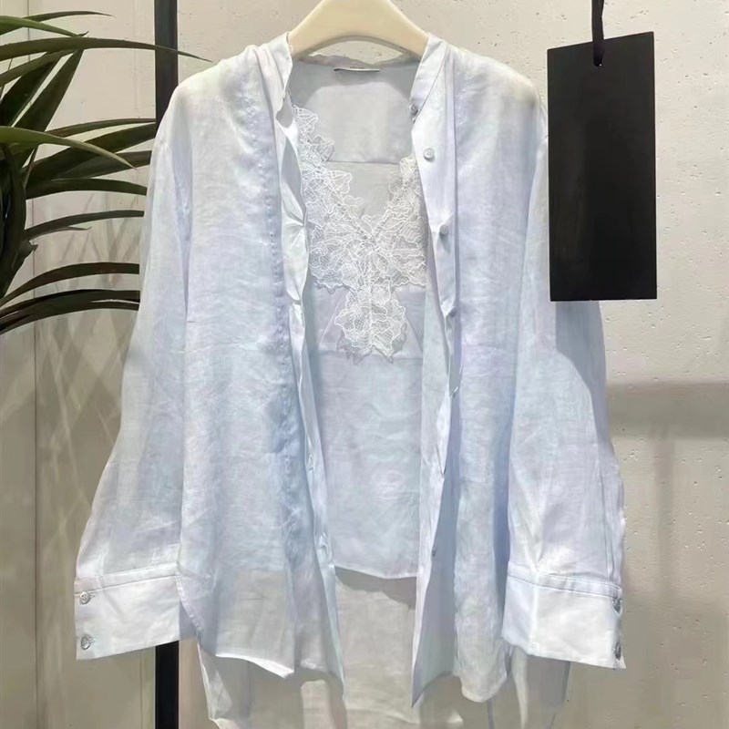 AUS ED女装衬衫两件套2025夏季蕾丝小背心长袖苎麻衬衣套装薄款