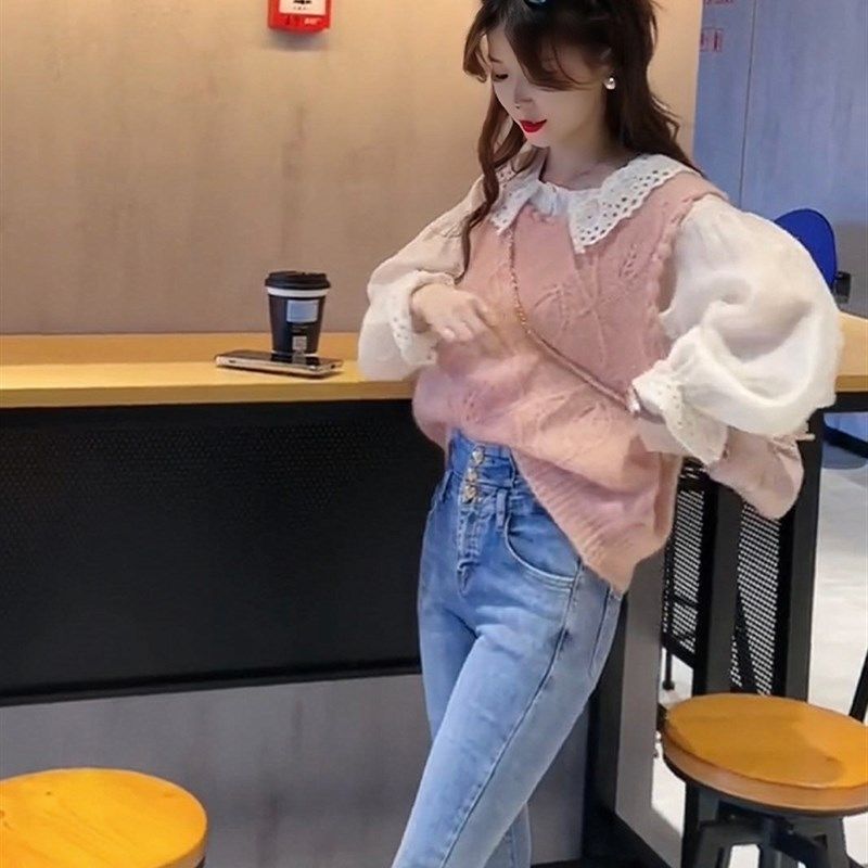 春装成套搭配一整套设计感蕾丝翻领衬衫上衣女粉色针织马甲两件套