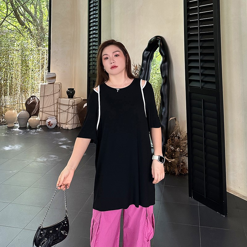 心存真大码女装漏肩上衣夏季新款200斤胖妹妹mm宽松显瘦中长T恤