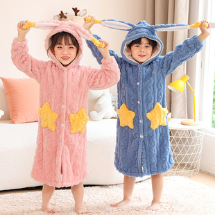 冬季儿童加厚睡袍星星浴袍女童珊瑚绒睡衣长款男童卡通睡裙中大童