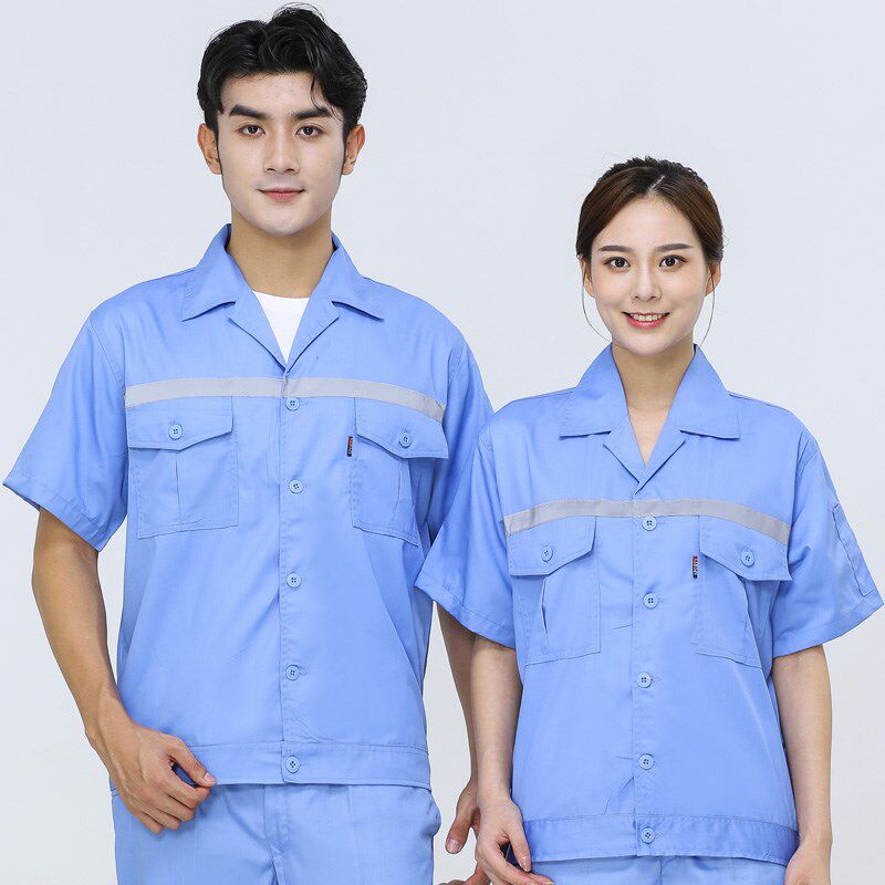 汽修厂服定制浅蓝工程套装物业保洁工人制服印字反光条涤棉上衣