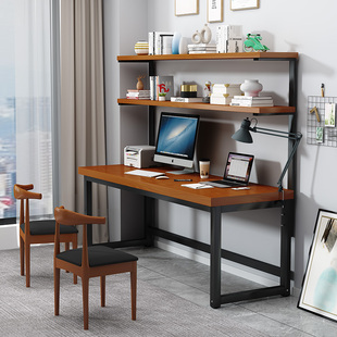 北欧实木简约电脑书桌书架一体桌家用办公桌卧室写字台学生钢木桌