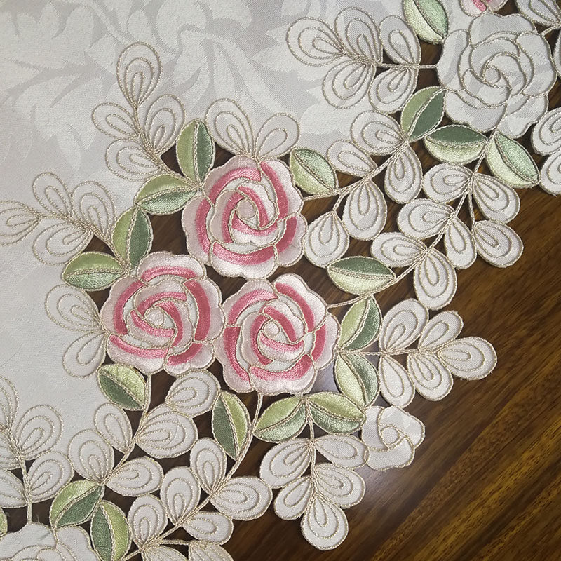 中式欧式国潮布艺绣花玫瑰茶旗桌旗桌垫镂空盖巾餐垫餐桌实木桌旗