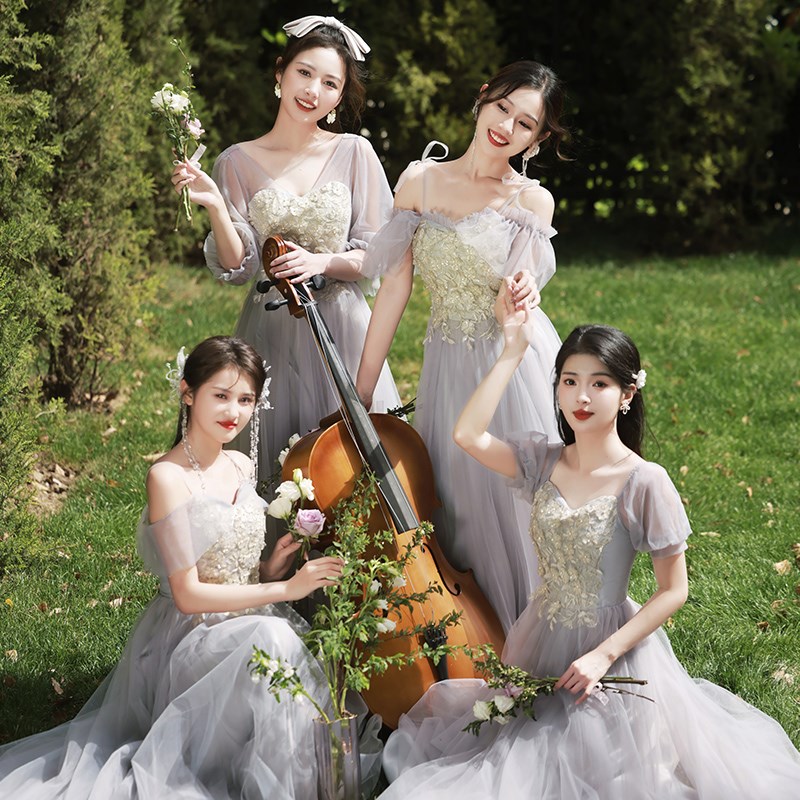 伴娘服女2024新款冬季演出成人礼服小个子高级感姐妹团伴娘裙大码