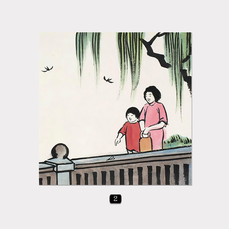 新中式丰子恺客厅装饰画书房国画挂画心卧室乡村风茶室人物自粘画